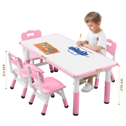 Kids Table and Chairs Set, Height Adjustable Desk With 6 Seats for Ages 3-12,Arts & Crafts Table,Graffiti Desktop, Non-Slip Legs, Max 300lbs, Children Multi-Activity Table for Classrooms,Daycares,Home