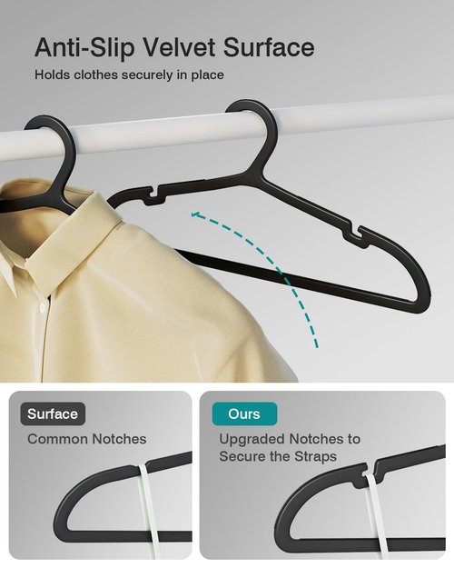 ABHENG 100 Pack Clothes Hangers, Non Slip Plastic Coat Hangers, Space Saving Hangers, Heavy Duty, Hanging Dry Wet Clothes, 16.4" x 8.3", Black, UAPY05100B