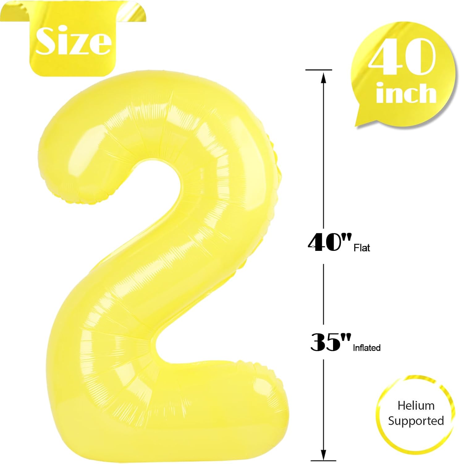 Yellow Number 2 Balloon - 40 Inch 2nd Birthday Decoration for Kids | Sparkling Party Decor