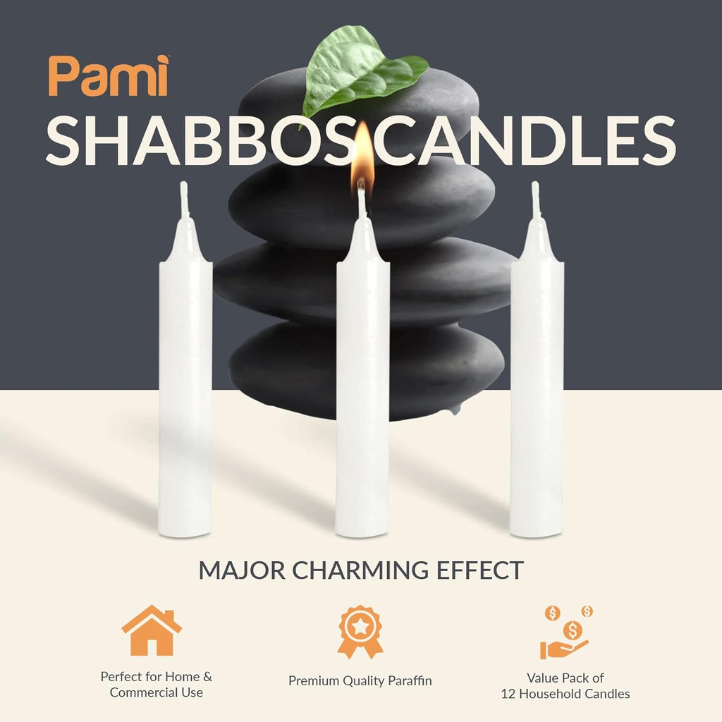 PAMI Traditional Shabbat Candle Sticks - 12-Pack Unscented Taper Candles | 3-Hour Burn Time