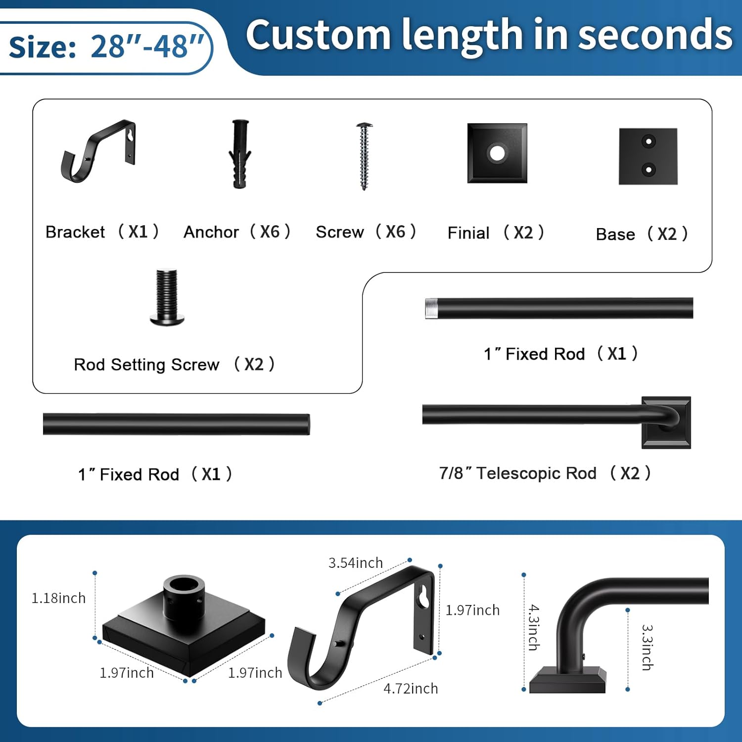 Skiennix Black Curtain Rods - Heavy Duty Adjustable 28-48 Inch French Return for Room Darkening