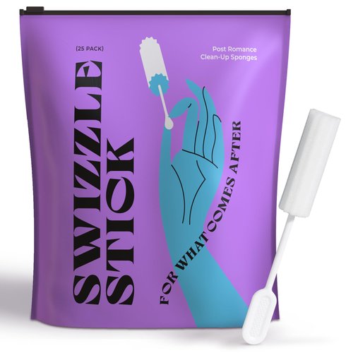 [25 Pack] Swizzle Stick Absorbing Sponge for Women - Ultra-Absorbent Post-Romance Cleanup Sponge to Stop The Drip - Long Handle, Easy Grip, Individually Packaged