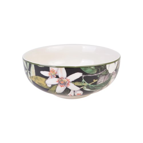 222 Fifth 12-Piece Porcelain Dinnerware Set for 4, Black & White Plates and Bowls Set with Tropical Floral Design, Glossy Ceramic Dish Set, Kitchen Tableware, Microwave & Dishwasher Safe, Borneo