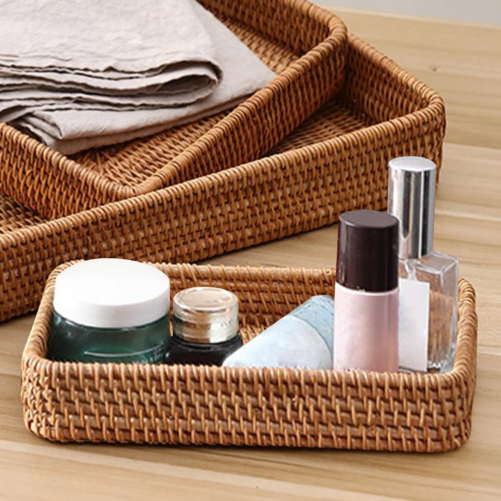 ‌Rattan Serving Tray & Vanity Storage Basket, Natural Wicker Display Tray for Keys, Jewelry, Cosmetics, Bathroom Countertop, Living Room, Entryway, Office