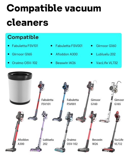 Leemone Filter Replacement Compatiable with Fabuletta FSV101 & FSV001, Lubluelu 202, Girnoor G160 & G165, Afoddon A300, Oraimo OSV-102, Besswin W26, VacLife VL732 Cordless Vacuum Cleaners, 4 Pack