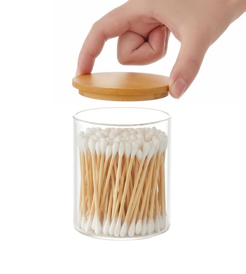 INIUNIK Qtip Holder with Vanity Tray, 3 Pack Glass Apothecary Jars with Lids, Bathroom Accessories Canisters Organizers Jars Containers for Cotton Ball Round Swab Pad Hair Ties Floss Perfume Jewelry