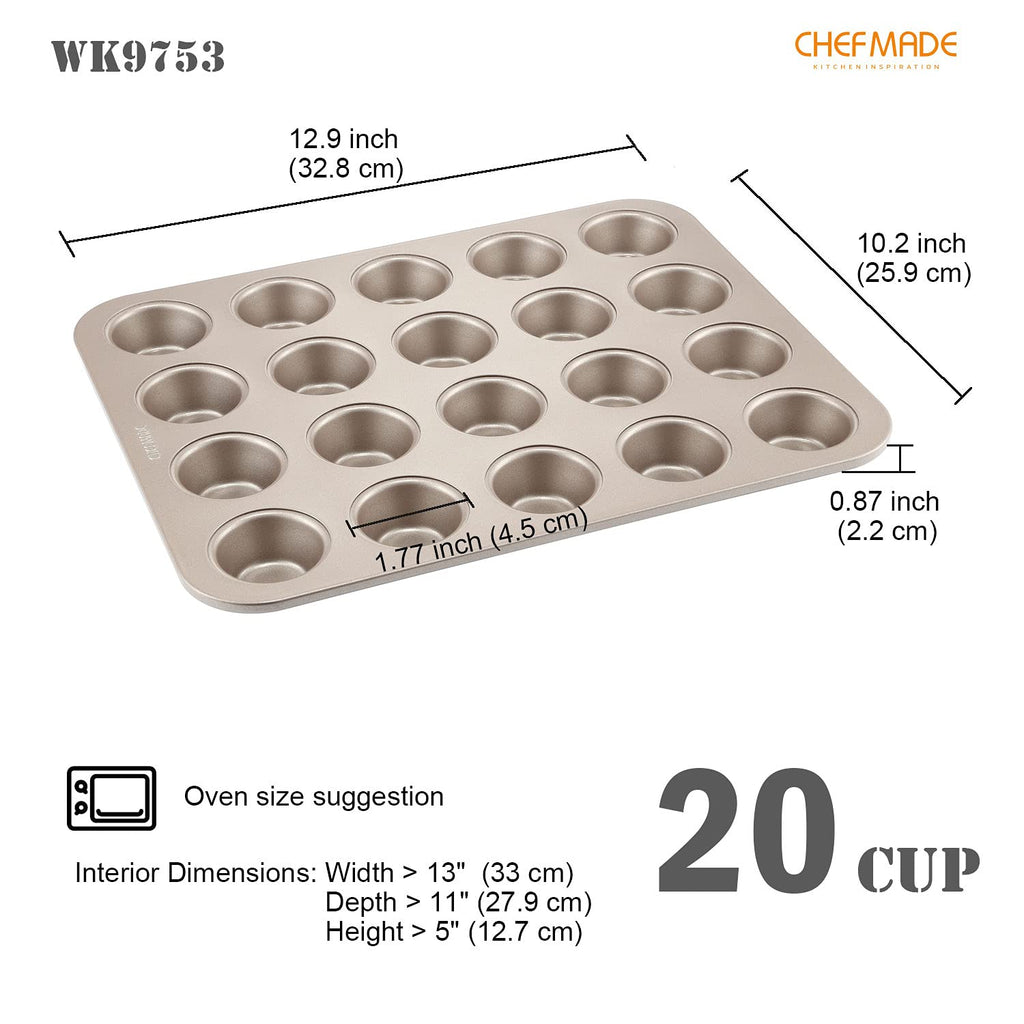CHEFMADE Mini Muffin Pan, 20-Cavity Non-Stick Tiny Cupcake Pan Bakeware for Oven Baking (Champagne Gold)