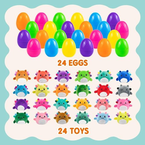 Axolotl Plush Toys | Easter Basket Stuffers - 24 Pack Prefilled Plastic Eggs for Kids' Gifts