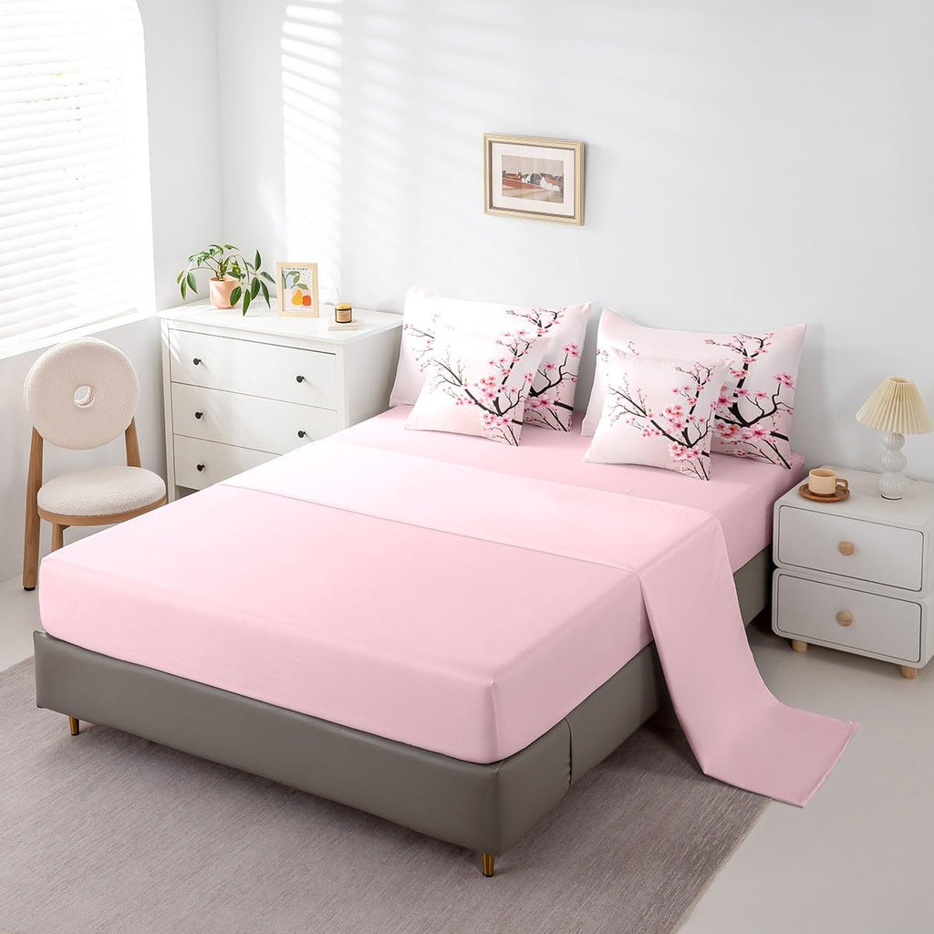 Feelyou Cherry Blossoms Bedding Set Sakura Branch Comforter Set Full Size 7 Pieces Pale Pink Bed in a Bag Girls Japanese Spring Bed Set with Comforter, Sheet Set, Pillowcases, Pillow Covers