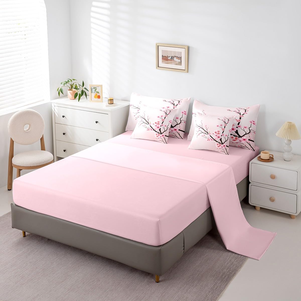 Feelyou Cherry Blossoms Bedding Set Sakura Branch Comforter Set Full Size 7 Pieces Pale Pink Bed in a Bag Girls Japanese Spring Bed Set with Comforter, Sheet Set, Pillowcases, Pillow Covers