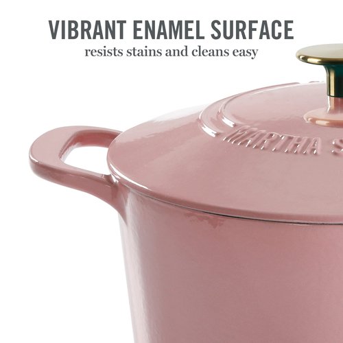 MARTHA STEWART Gatwick 7-Quart Enamel Cast Iron Dutch Oven Pot with Lid – Pink – Heavy-Duty Dutch Oven for Slow Cooking, Braising & Baking