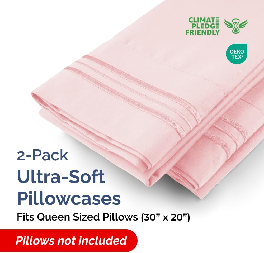 Skiennix Queen Pillow Cases Set of 2 - Ultra Soft Hotel Quality - Wrinkle Free & Stain Resistant - Baby Pink