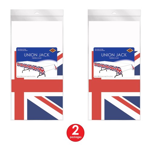 Beistle 2-Pack Union Jack Rectangular Plastic Tablecovers, Royal English Party Decorations, London Table Cloth, British Flag Party Décor, 54” x 108”