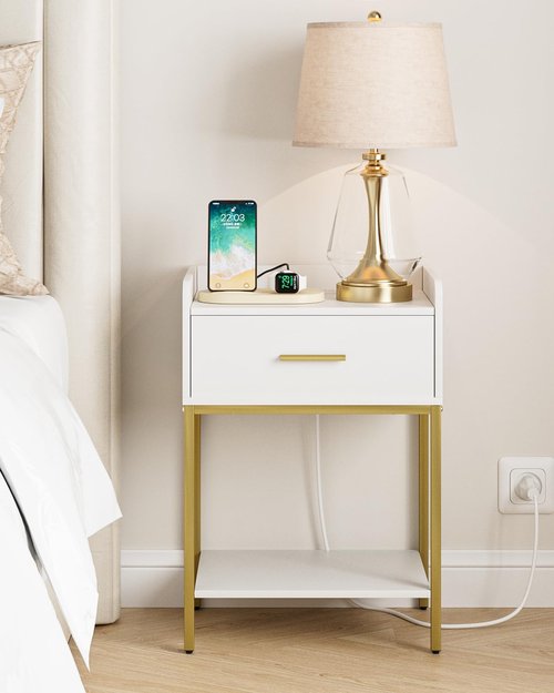 AEPOALUA Nightstand with Charging Station, Modern Bedside Table with Drawer and Legs,White and Gold Night Stand with Open Shelf, Narrow Side Table for Bedroom, Living Room