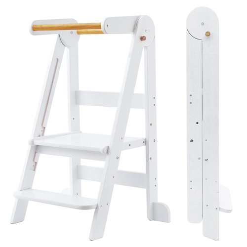 Foldable Toddler Tower 95% Preassembled Kitchen Stool Helper Folding Step Stool for Kids Montessori Toddler Standing Tower with 3 Adjustable Height Helper Tower for Kitchen Counter Sink White