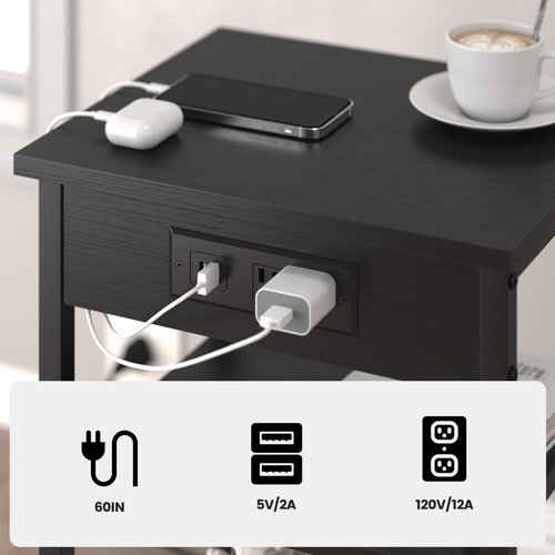 End Tables Set of 2 with Charging Station USB Ports, 3 Tier Tall Night Stand with Storage Shelves, Record Player Stand Narrow Side Table for Small Space Living Room Bedroom Office, Easy Assembly,Black