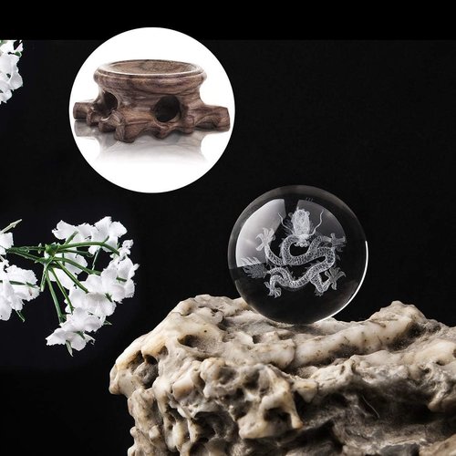 HDCRYSTALGIFTS 3D Inner Carved Dragon Crystal Ball - 60mm Glass Paperweight with Wooden Base