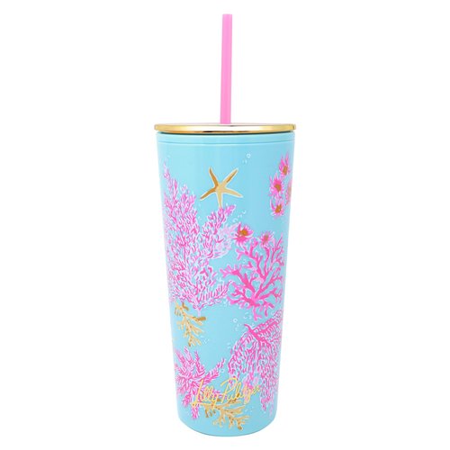 Lilly Pulitzer Double Wall Tumbler with Lid and Reusable Straw, Insulated Travel Cup Holds 24 Ounces (Royal Coral)