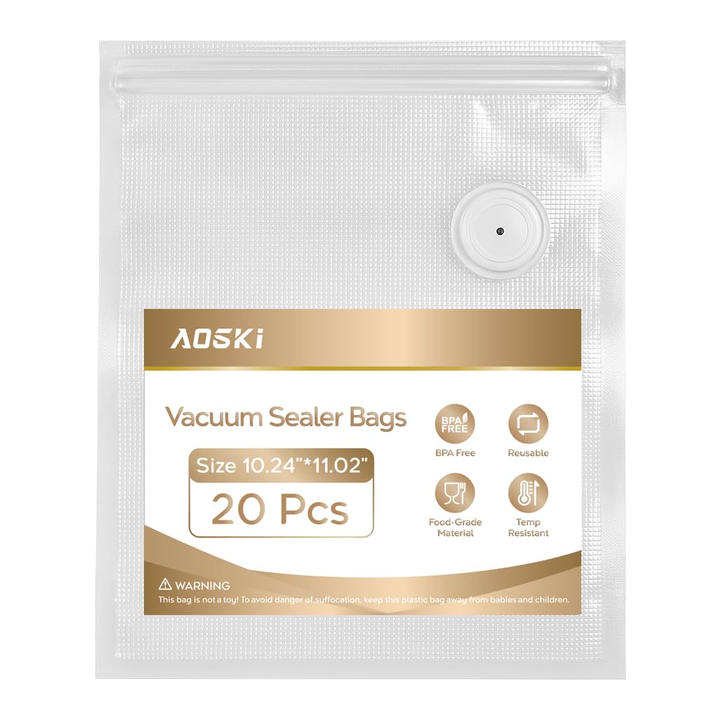 Reusable Vacuum Sealer Bags for Food: 20Pcs (10.24 * 11.02in) BPA-Free Vacuum Seal Bags & 5 Seal Clips, Plastic Clear Freezer Safe Vacuum Food Storage Bags, Microwaveable Zipper Bags for Kitchen
