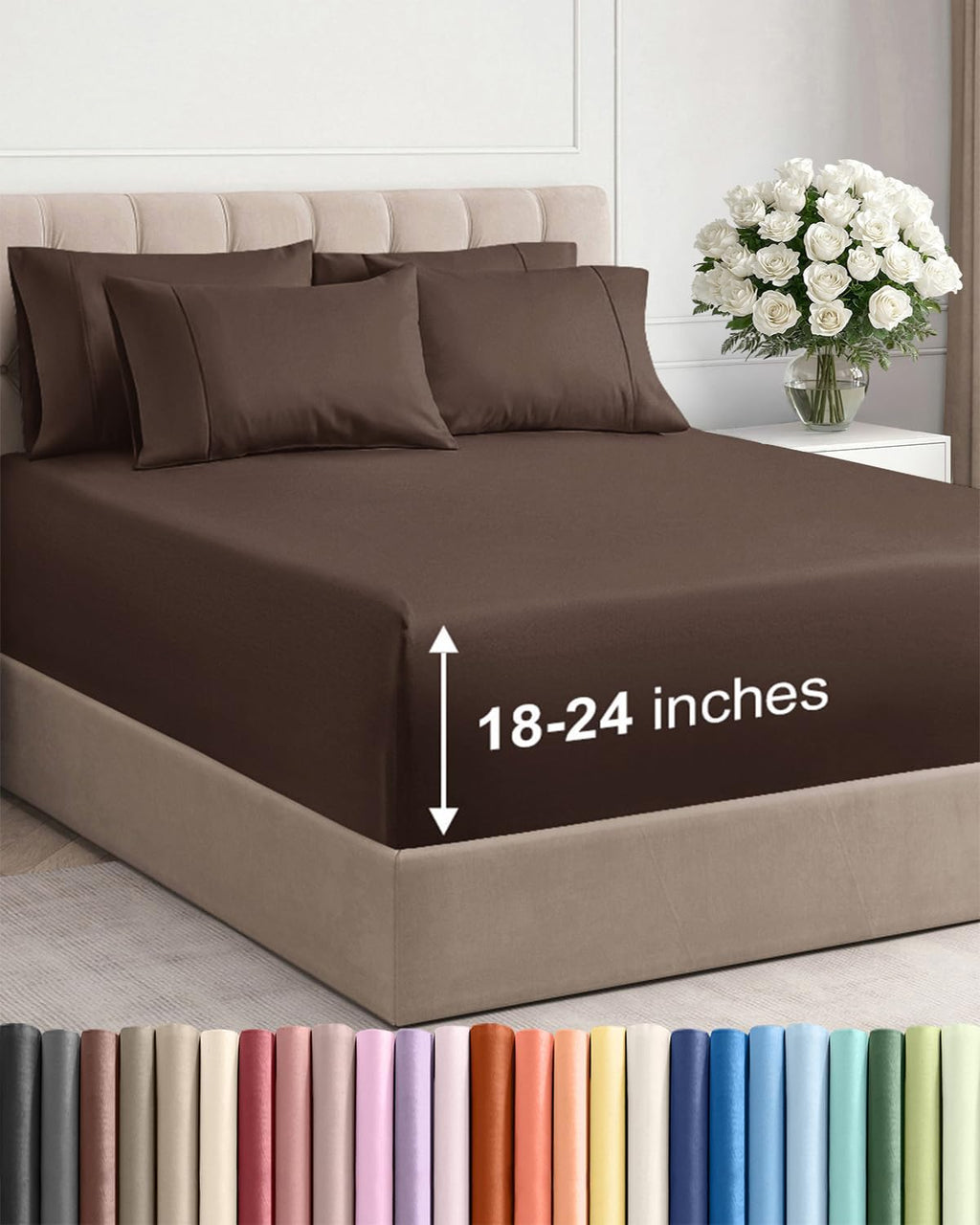 Skiennix Extra Deep Full Sheet Set | 6-Piece Breathable Cooling Bedding - Soft, Wrinkle-Free, Brown