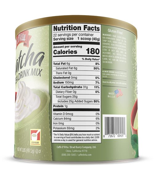 Caffe D'Vita Matcha Green Tea Drink Mix - Japanese Matcha Green Tea Powder, Gluten Free, Low Fat, No Cholesterol, No Hydrogenated Oils, No Trans Fat, Kosher-Dairy, Green Matcha Tea Powder - 2 Lb Can
