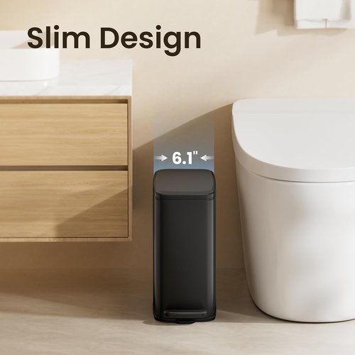 Cesun Small Bathroom Trash Can - 6L Stainless Steel Slim Wastebasket with Soft Close Lid & Foot Pedal | Black