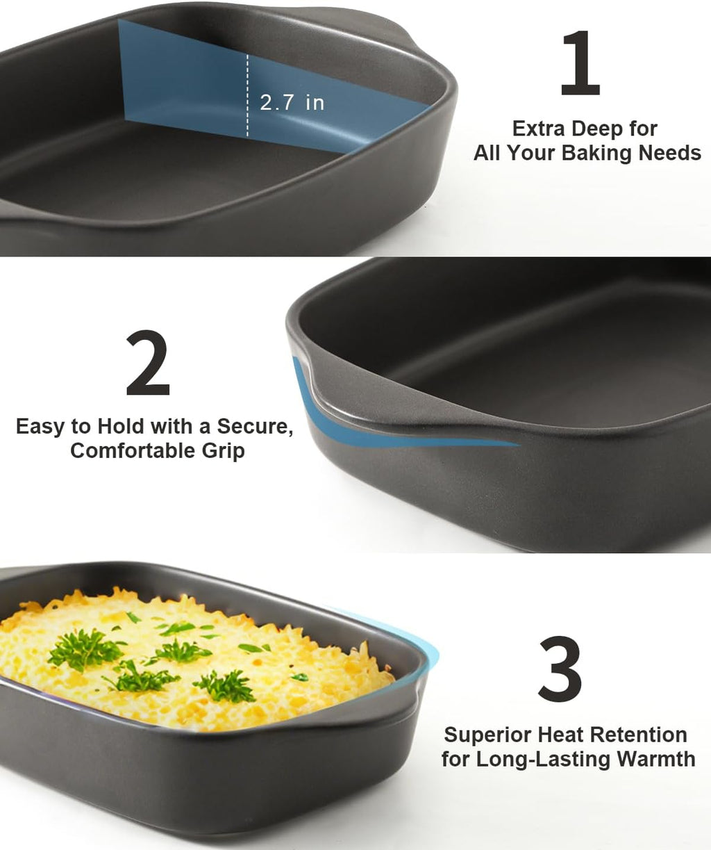 Regine Switzerland Casserole Dish Set - Ceramic Bakeware for Oven | 3 Deep Dishes in Matte Black (0.63/1.8/4 QT)