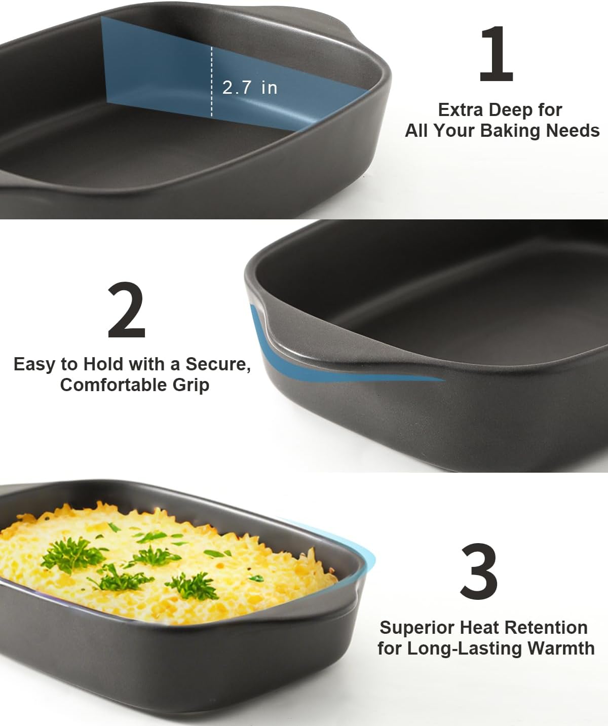 Regine Switzerland Casserole Dish Set - Ceramic Bakeware for Oven | 3 Deep Dishes in Matte Black (0.63/1.8/4 QT)