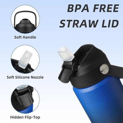 BJPKPK Insulated Water Bottle - 18oz BPA-Free Stainless Steel with Straw Lid & Flex Handle | Black/Blue