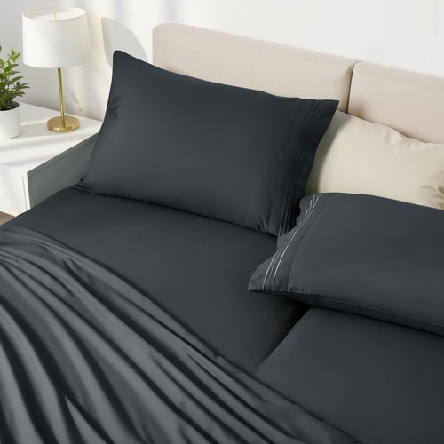 Horbaunal Dark Grey Split Head King Sheet Set - 4 Pieces Flex Top King Sheets for Adjustable Beds - Fits Mattress up to 16" Deep - Soft Microfiber Bed Sheets with 34" Split Flex Head