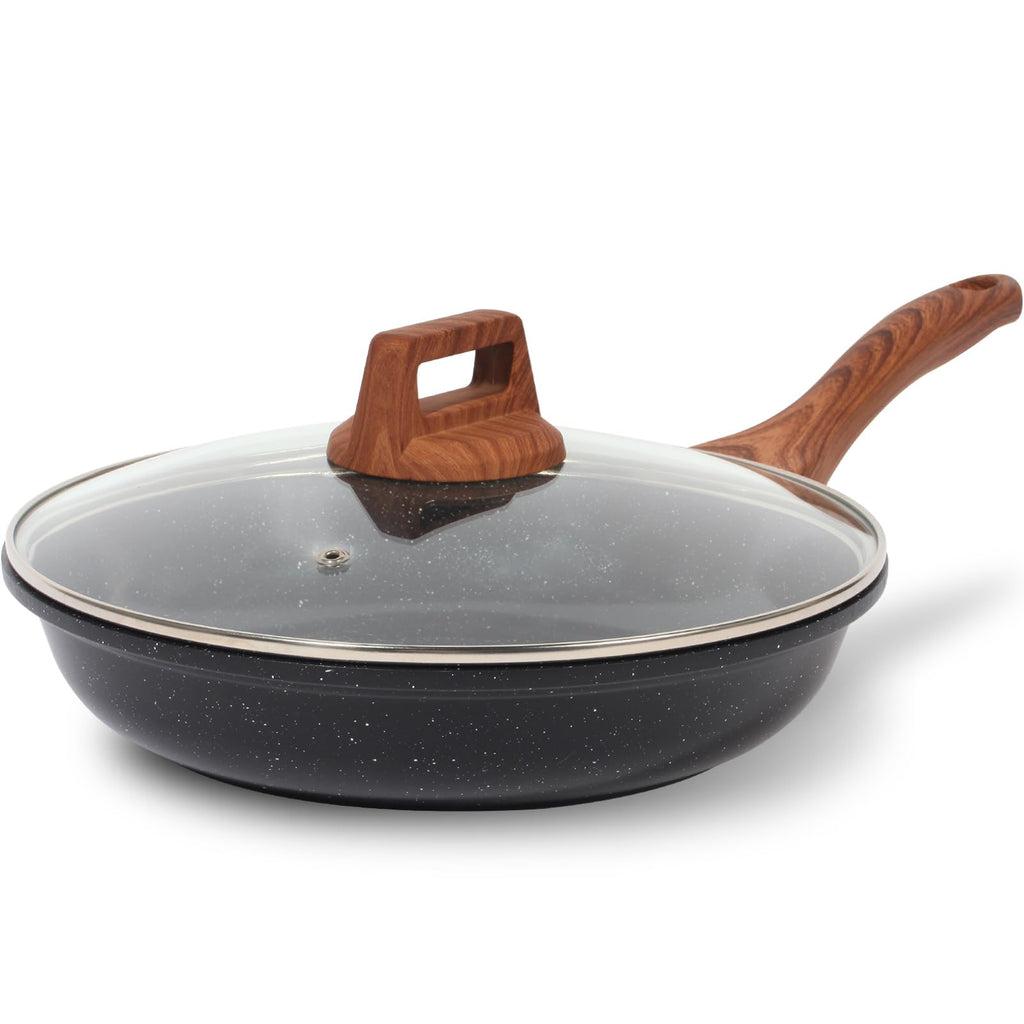 ESLITE LIFE Nonstick Ceramic Frying Pan Skillet with Lid, Non-Toxic Egg Omelette Kitchen Cooking Pans Compatible with All Stovetops (Gas, Electric & Induction), PTFE & PFOA Free (Black, 8" w/Lid)
