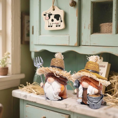 Hodao Farmer Gnomes Figurines - Rustic Hand-Painted Resin with Straw Hats & Tools | Charming Farmhouse Decor for Gardeners