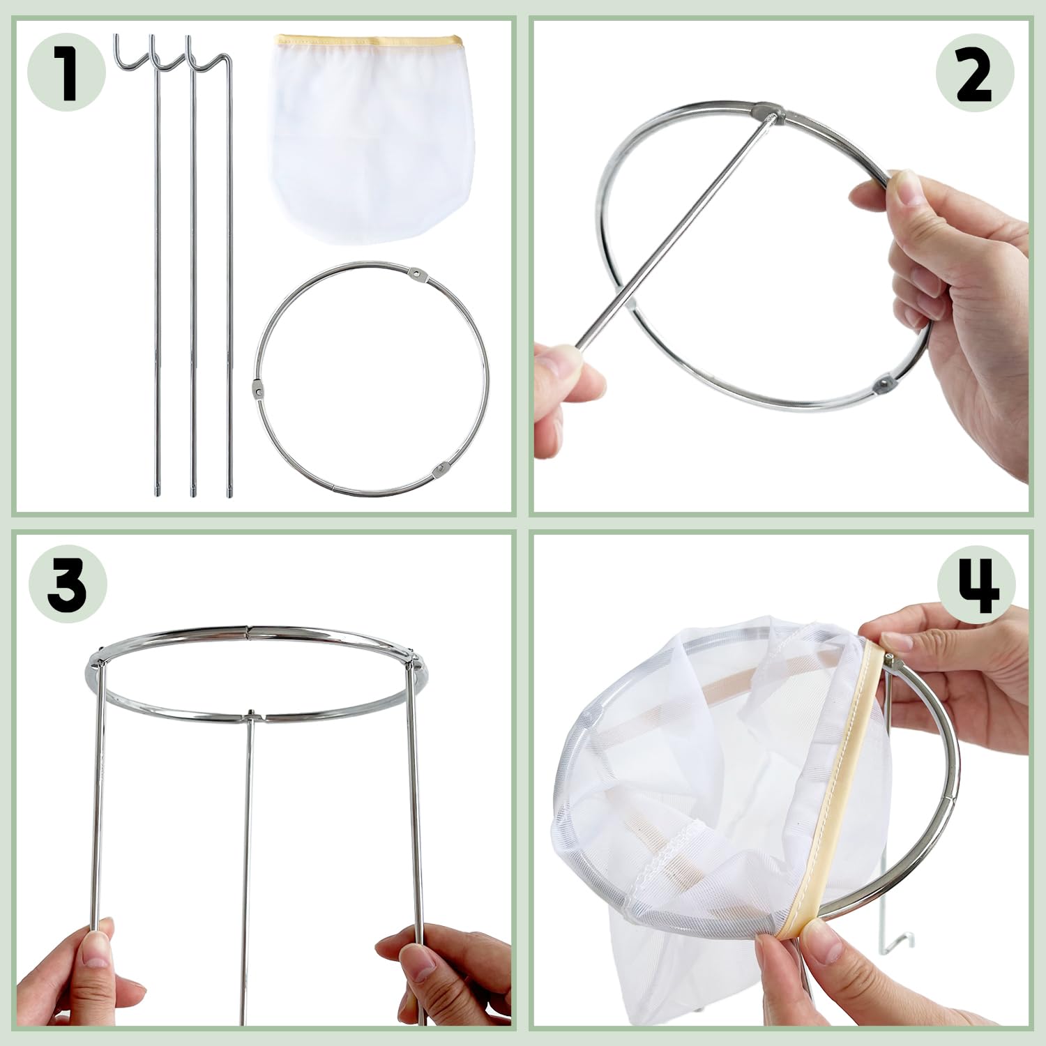 2 Pack White & Silver Strainer Stand,Strainer Stand with 4 Reusable Staining Bags,Reusable Food Filter Bag Jelly Bags for Straining Juice Yogurt Cheese Broth Nut Milk