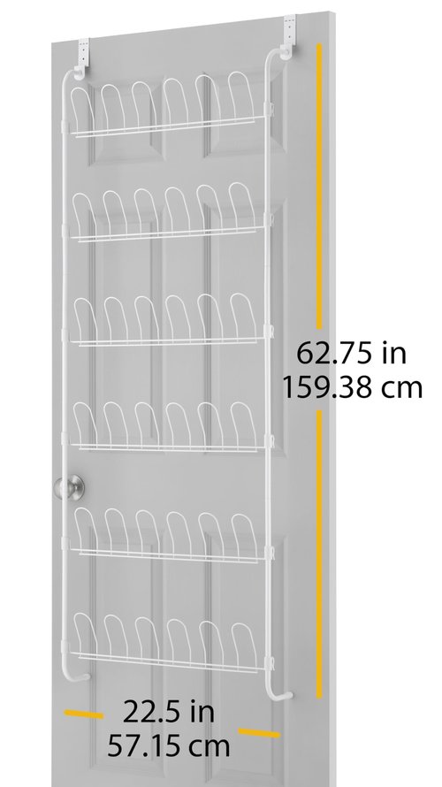 Whitmor 18 Pair Over The Door Shoe Organizer, 6 Tier Hanging Shoe Organizer, Heavy Duty Metal Shoe Holder, Hanging Shoe Rack for Closet Organizer & Storage, 62.8" L x 22.5" W x 5" H, White