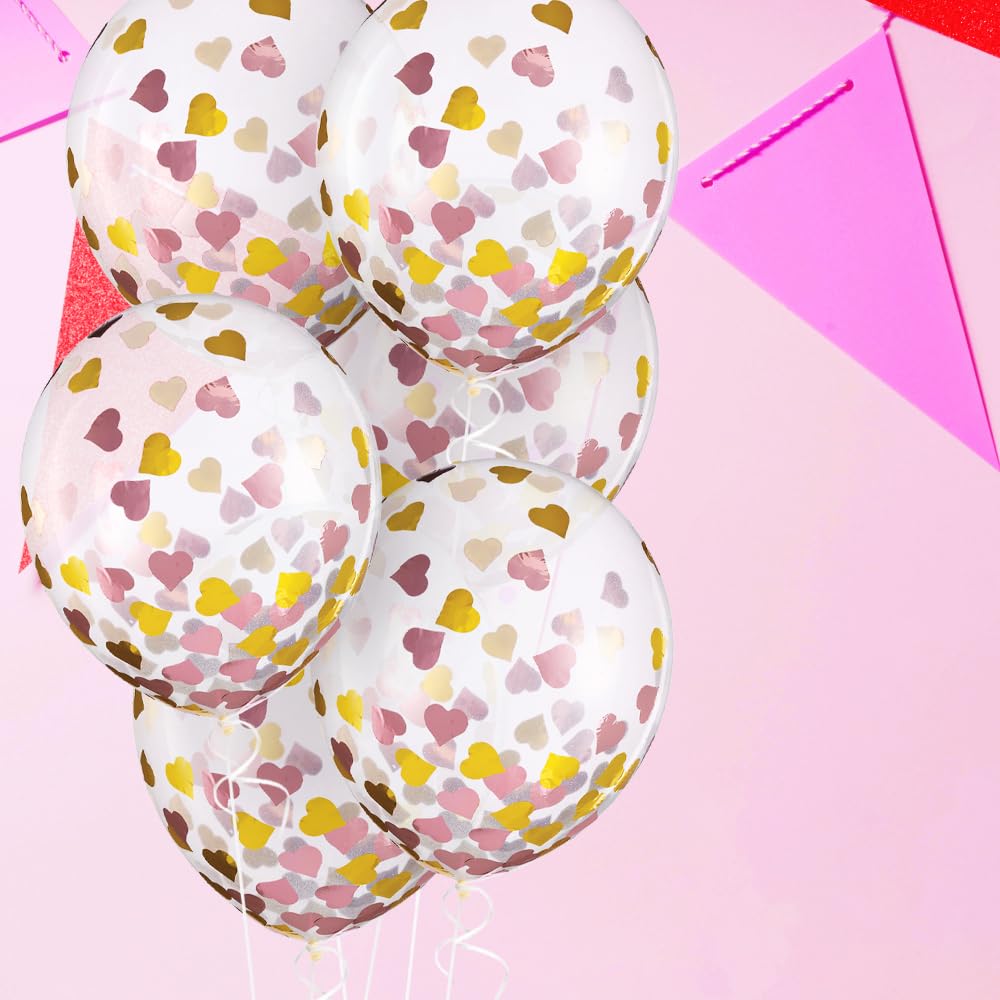 Pink & Gold Hearts Confetti Latex Balloons - 12" (6 Pc) - Ideal for Parties, Weddings & Celebrations