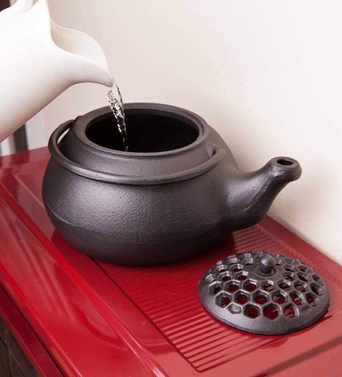 Plow & Hearth Honeycomb Wood Stove Steamer Kettle | Cast Iron Fireplace Humidifier | Matte Black | Rust Resistant | Decorative Functional Alternative to Electric Humidifiers | 3 QT Capacity