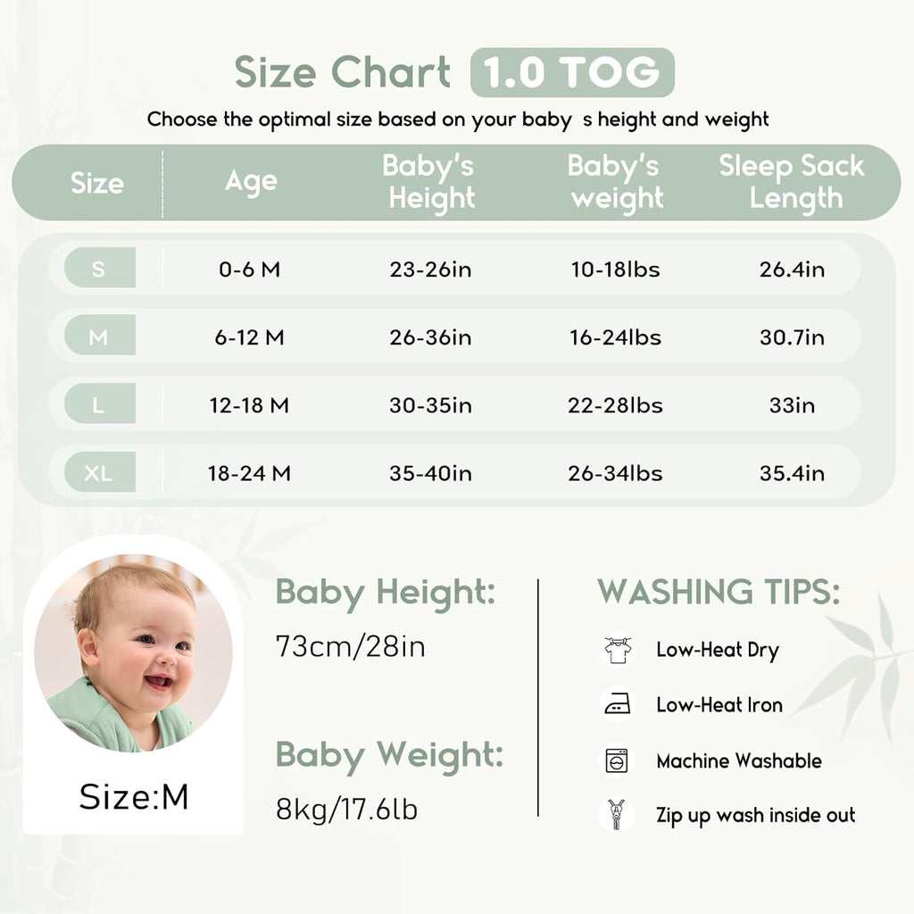 Yoofoss Baby Sleep Sack - Super Soft Rayon Bamboo Wearable Blanket for 6-12 Months | 1.0 Tog, 2-Way Zipper