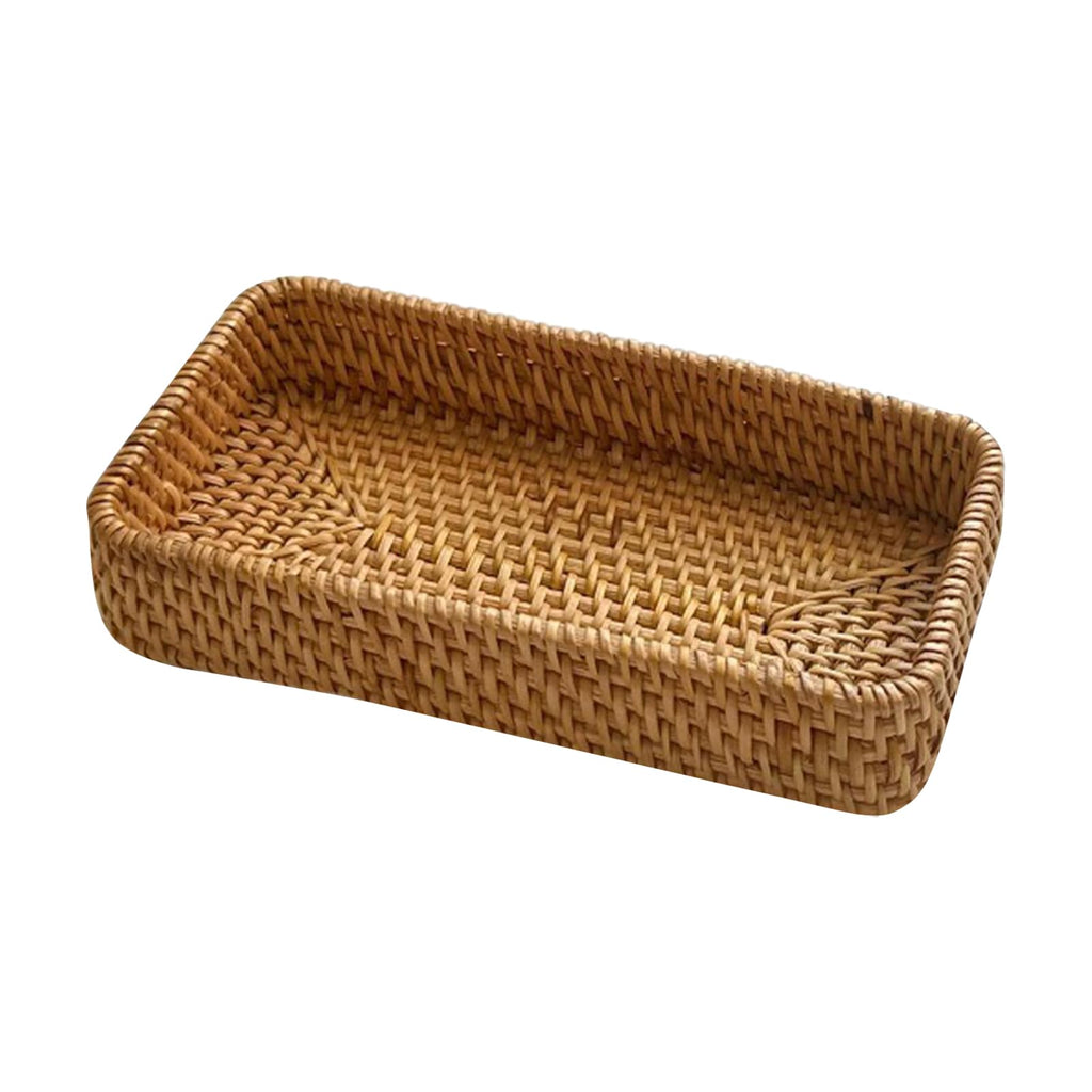‌Rattan Serving Tray & Vanity Storage Basket, Natural Wicker Display Tray for Keys, Jewelry, Cosmetics, Bathroom Countertop, Living Room, Entryway, Office