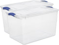 66 Quart Durable Storage Bin by [Brand Name] - Clear Plastic Container with Secure Blue Latch Lid | Stackable for Home & Garage Organization