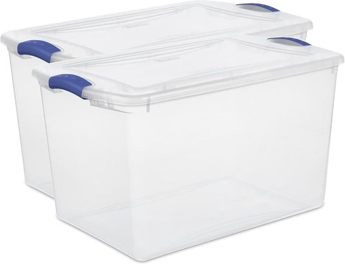 66 Quart Durable Storage Bin by [Brand Name] - Clear Plastic Container with Secure Blue Latch Lid | Stackable for Home & Garage Organization