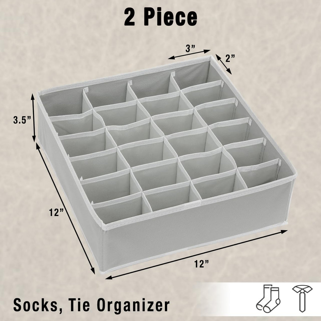 Simple Houseware 24-Cell Gray Sock Organizer - 2 Pack Closet Drawer Divider for Neat Storage