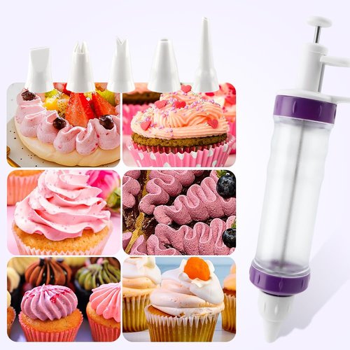 Dessert Decorating Syringed Set Icing Dispenser Tool With 5 Icing Nozzles,2 Connector Rings,8 Cake Baking Cups,Cake Decorating Gun for Frosting Cream to Make Cupcakes