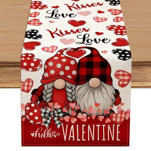 Valentine Red Buffalo Plaid Gnomes Heart Table Runner 13x72 Inch, Linen Love Kitchen Dining Table Decoration for Home Party Holiday Wedding Anniversary