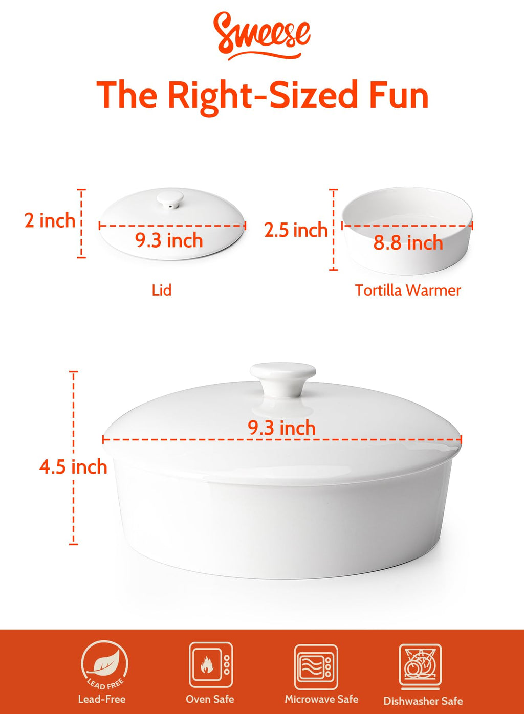 Sweese Ceramic Tortilla Warmer - Holds 12 Tortillas, Microwave & Oven Compatible, Elegant White Tortilla Holder with Lid for Taco Nights, Pancakes, Waffles - Durable & Easy to Clean