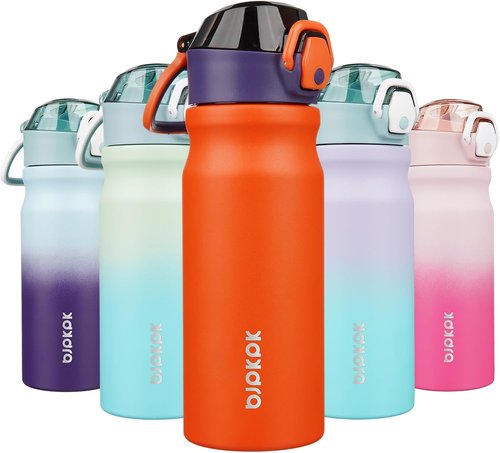 BJPKPK Insulated Water Bottle - 18oz Stainless Steel Flask with Straw & Carry Handle - Orange