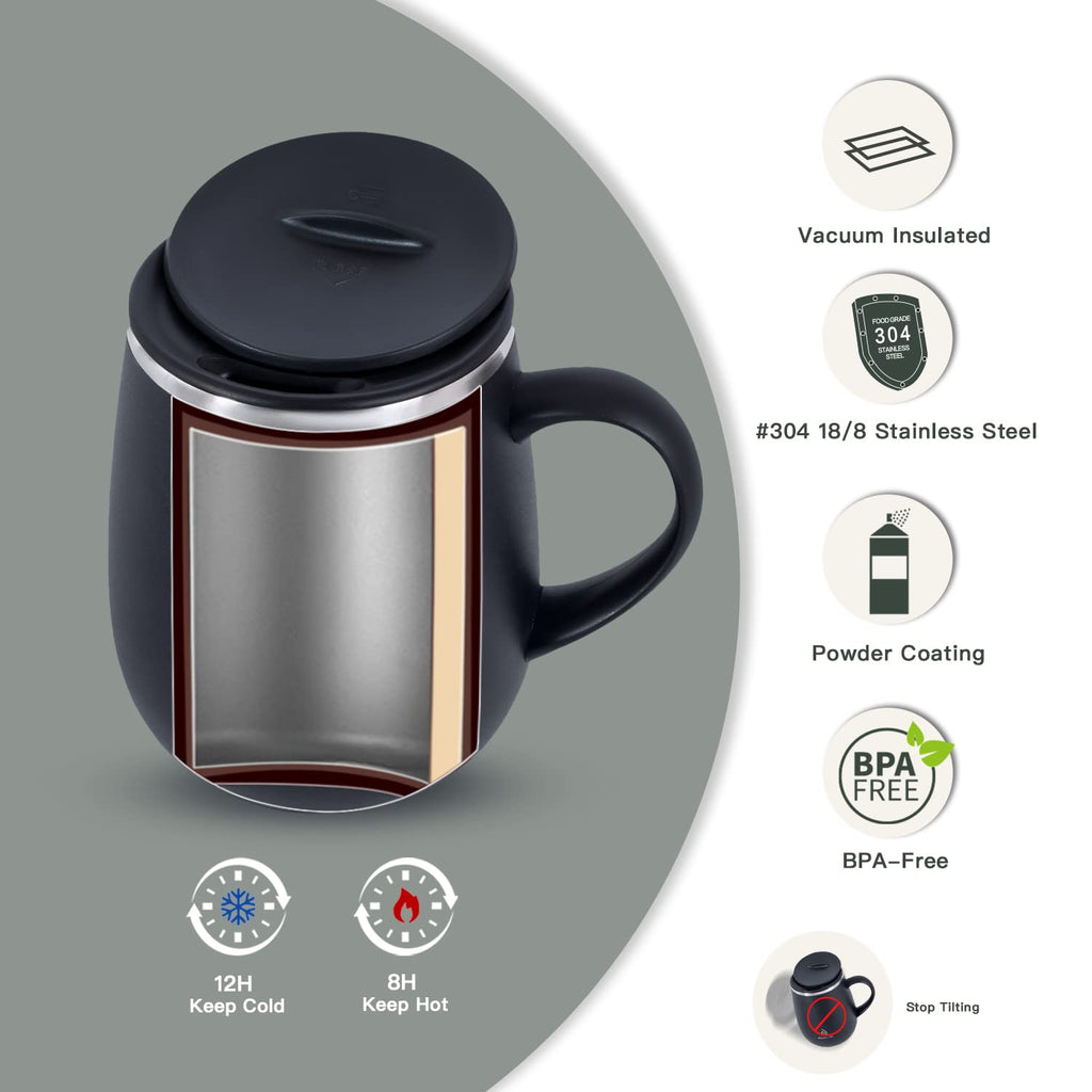 Ideus 16 oz Insulated Coffee Mug with Handle and Lid, Double Wall Stainless Steel Vacuum Thermal Coffee Mug, Travel Coffee Cup Thermal Cup for Home and Office, Storm Black