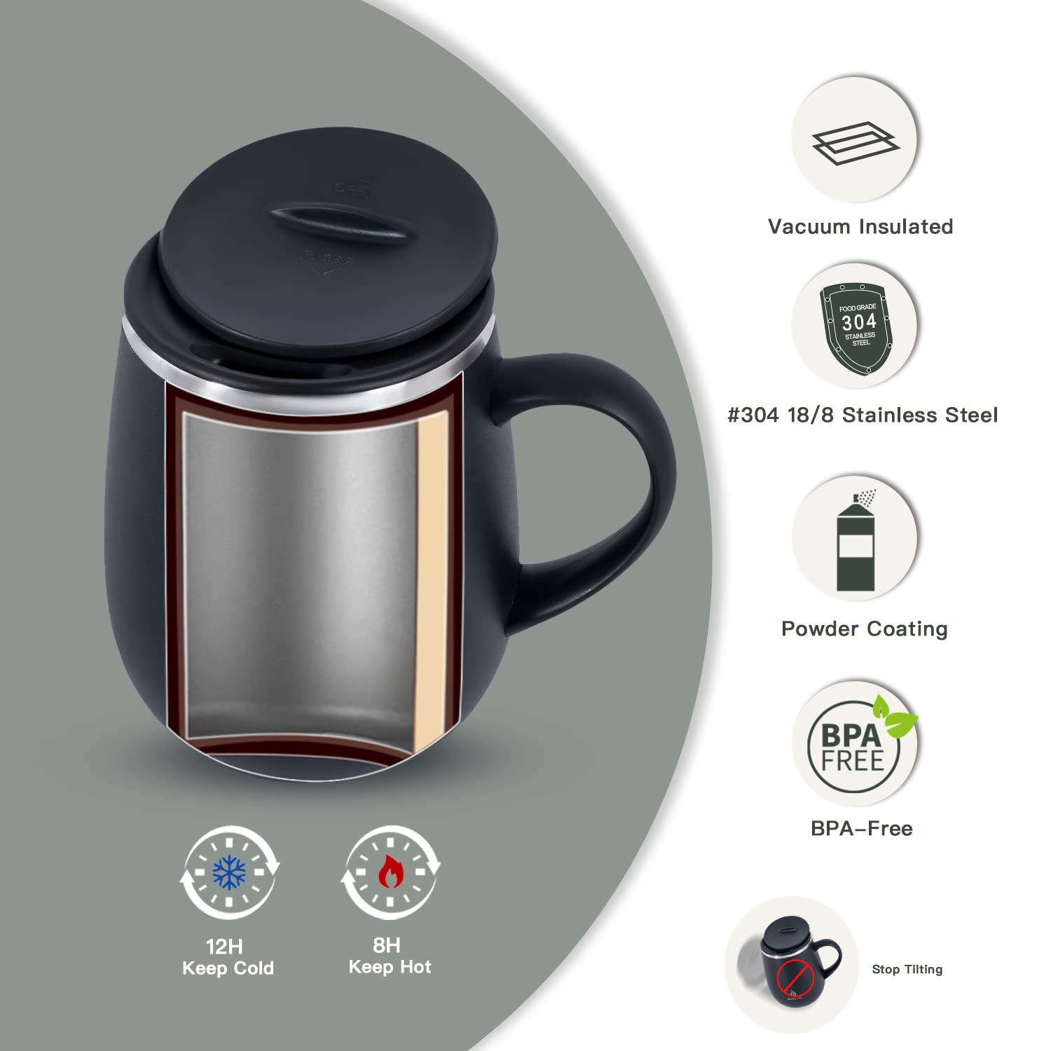 Ideus 16 oz Insulated Coffee Mug with Handle and Lid, Double Wall Stainless Steel Vacuum Thermal Coffee Mug, Travel Coffee Cup Thermal Cup for Home and Office, Storm Black