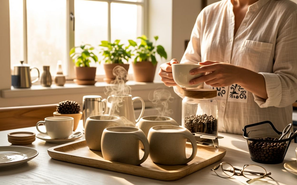 SYJAN HOME Ceramic Cappuccino Cups with Handle,6 oz Ceramic Coffee Mug Set of 4,Clay Espresso Cups for Double Shots,Small Coffee Cups for Latte,Cafe,Mocha,Tea Cups (Natural Beige,6 OZ)