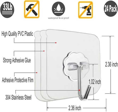 Jwxstore Heavy Duty Self-Adhesive Hooks - 33lb Max Capacity, Waterproof & Transparent | 24 Pack for Home & Outdoor Use