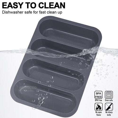 GDDGCUO Silicone Hotdog Bun Pan, 6 Inch Standard Hot dog Bun Mold, 4 Cup Non-stick Homemade Hotdog Bun Baking Pans, Mini Baguette Pans, Dishwasher Safe, 2 Pcs (Grey)